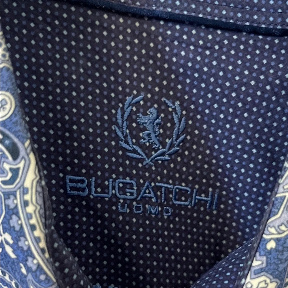 Bugatchi Blue and White Paisley Shaped Fit Men's Shirt - Picture 2 of 8